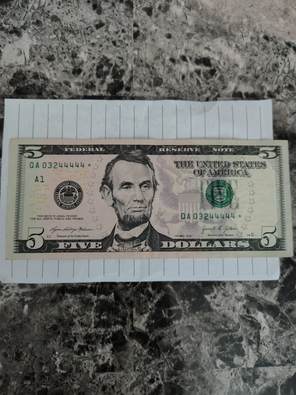 US $5  Bill -Replacement Note(Star Note) with Multiple B.E.P. Printing Errors!